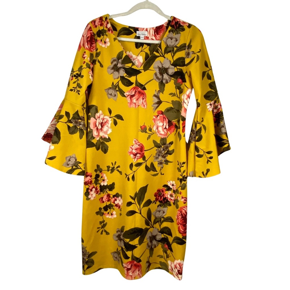 Olivia Matthews Yellow Floral Bell Sleeve Sheath Dress Size L